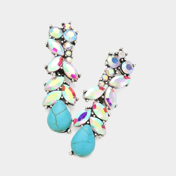 Natural Stone Abalone Silver Cluster Marquise Crystal Dangle Earrings 2 Inch - Picture 1 of 3